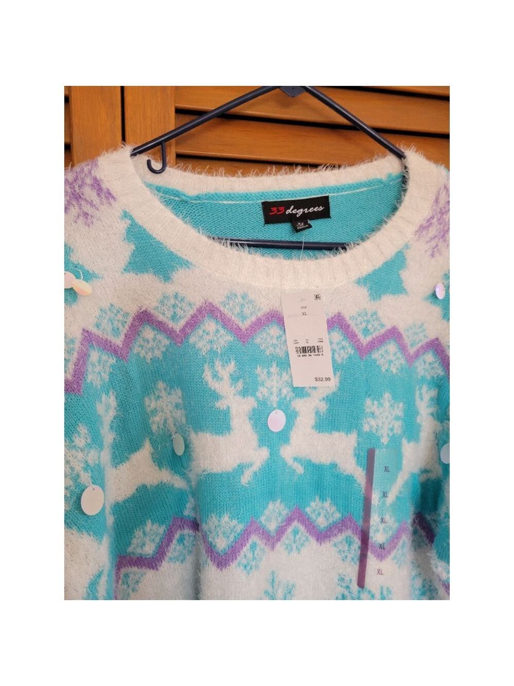 33 Degrees XL Fair Isle Sweater Teal White Sequins - Picture 6 of 6